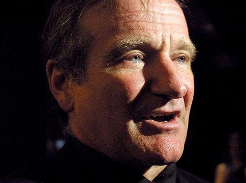 Robin Williams speaks to the press in 2002. 